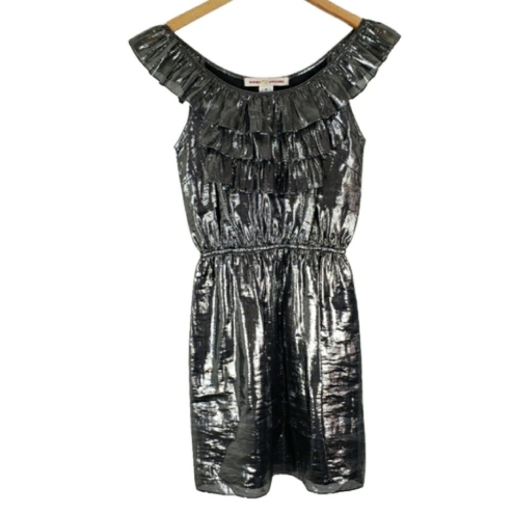 Amanda uprichard silk Platinum metallic ruffle off the shoulder dress